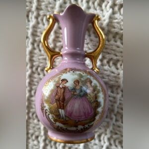 Pink Vintage Porcelain Limoges French Vase with Gold Handles